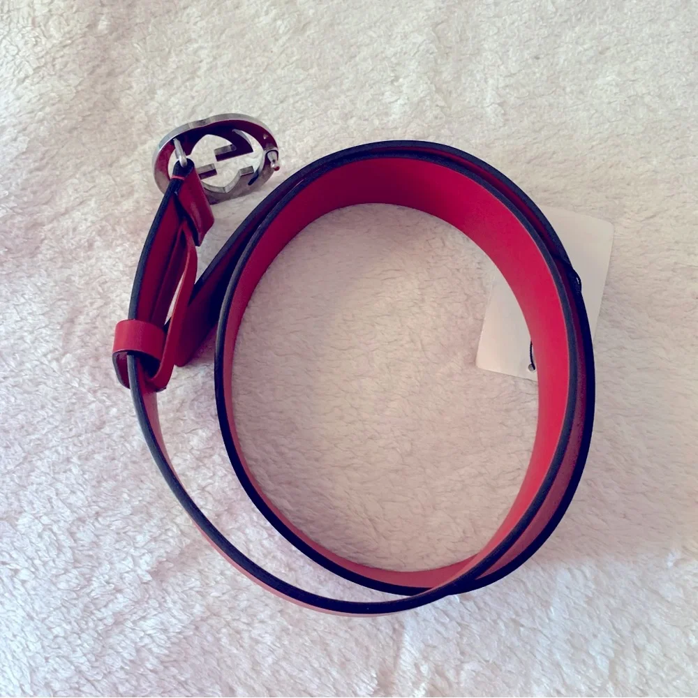 BrandNew Authentic Gucci Antique Silver GG buckle Leather Belt Red 85 - Picture 4 of 6
